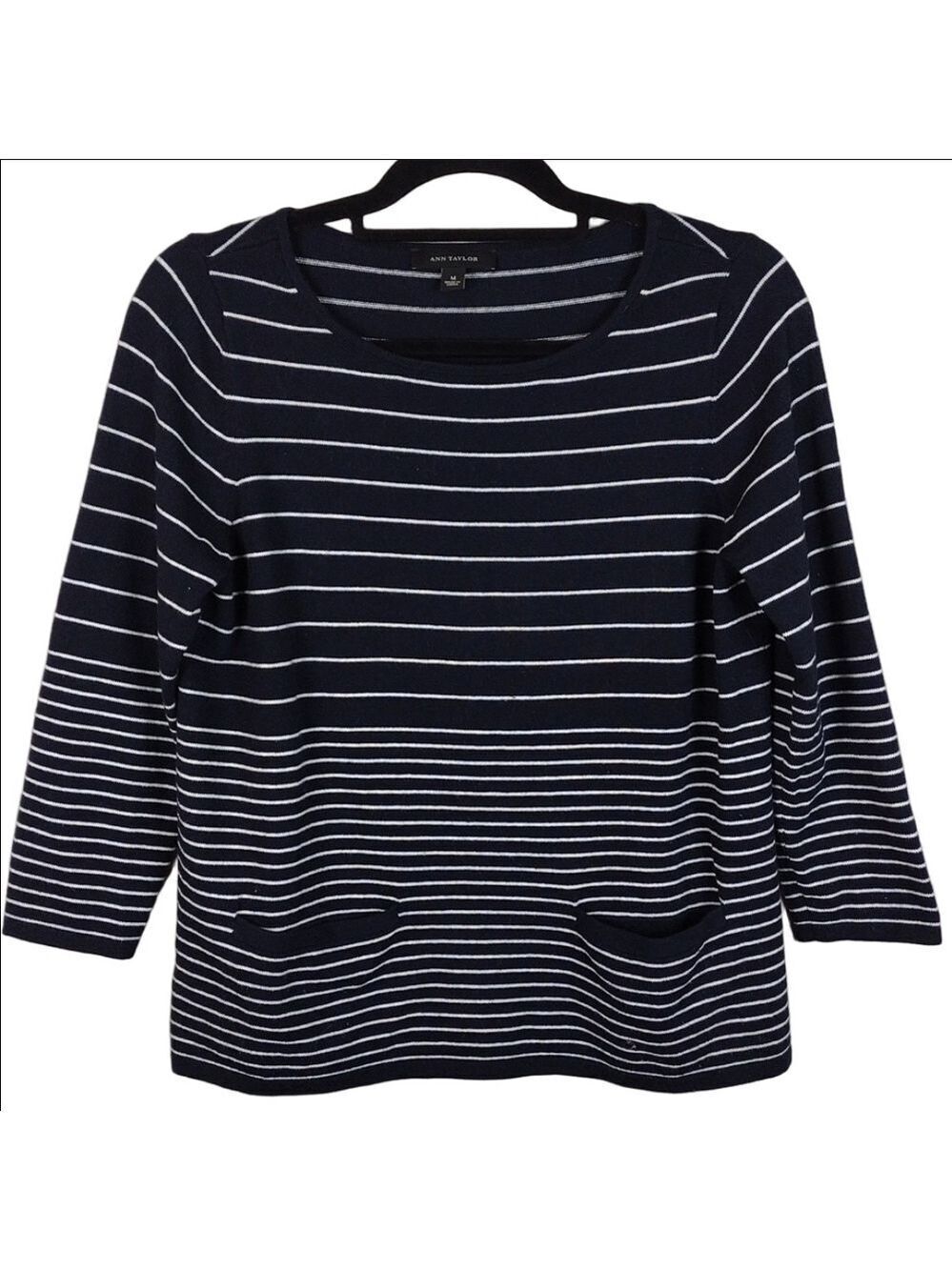 Ann Taylor Black White Striped Scoop Neck Three-quarter Sleeve Pullover Sweater